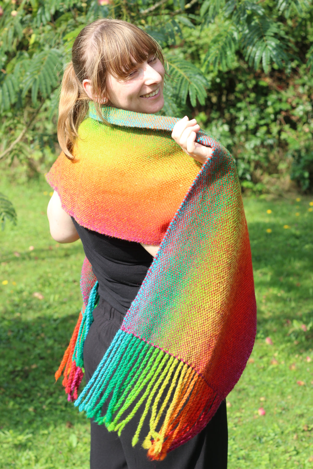 Stunning pure wool rainbow shawl scarf  ( or table runner too ...)