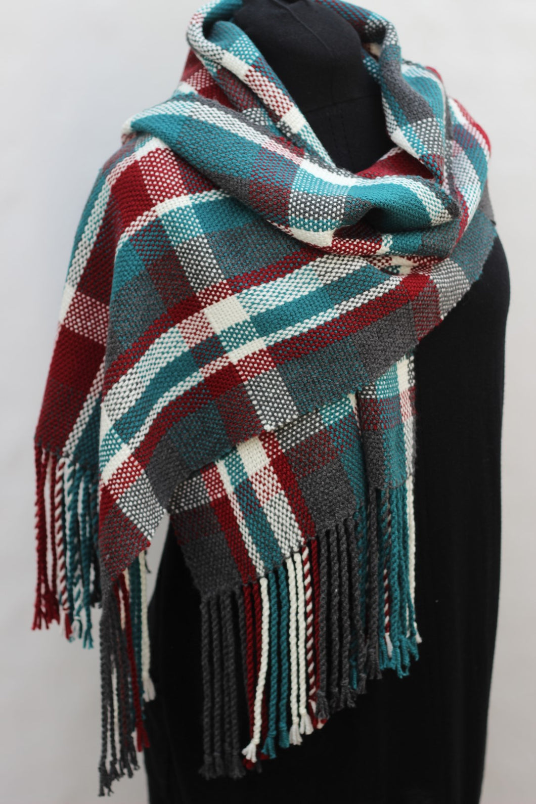 wide scarf in softest acrylic with freehand plaid pattern