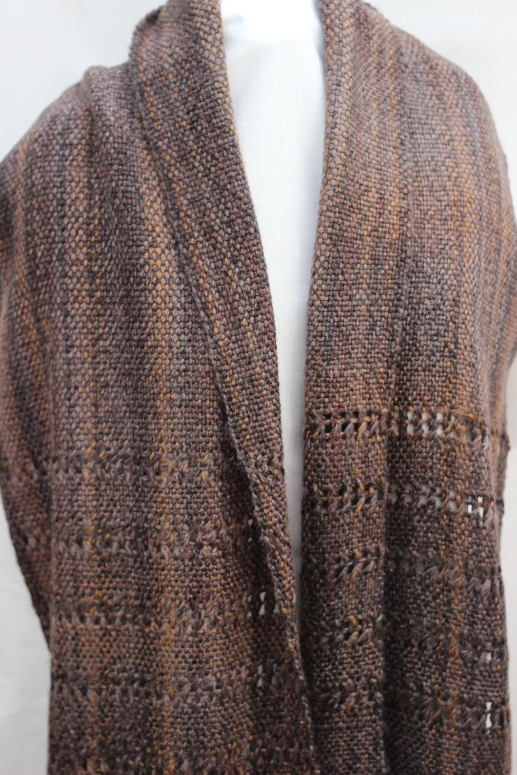 Wrap / wide scarf brown tones with leno lace patterns
